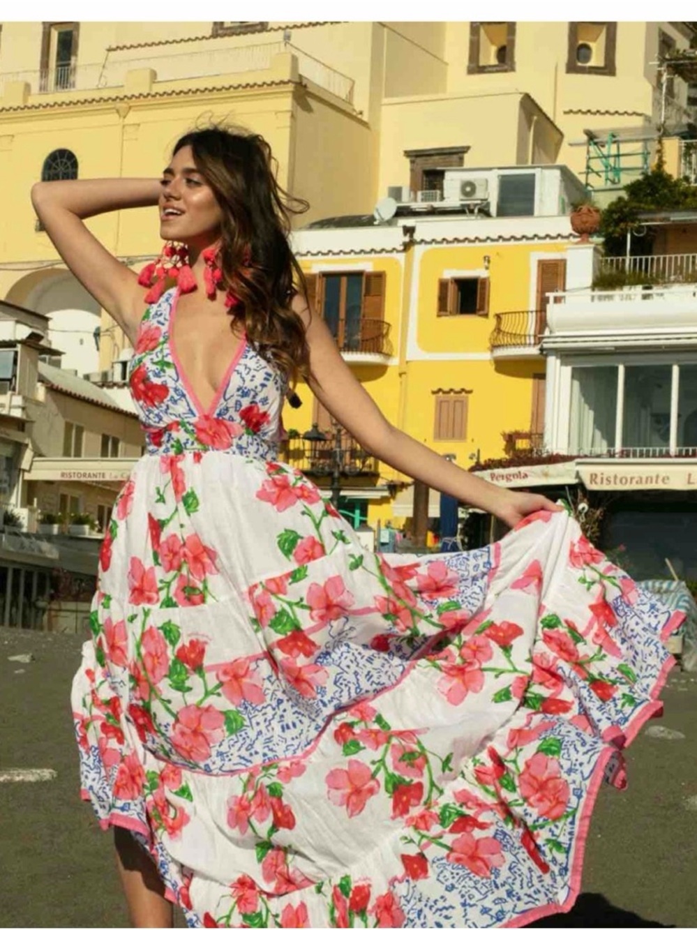 Antica Sartoria 2026 Floral V-Neck Tiered Maxi Dress - White Pink Floral NWT O/S
